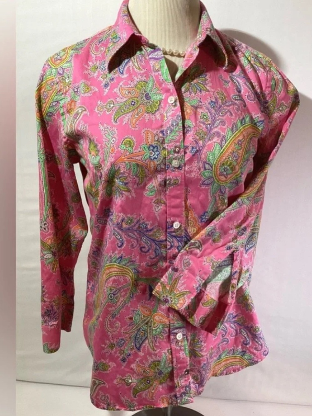 Lauren Ralph Lauren Woman Blouse Size 2X, 3/4 Sleeves Color Pink Paisley Pattern
